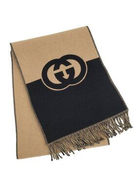 Gucci Scarf GG Pattern Cashmere Wool Brown Black